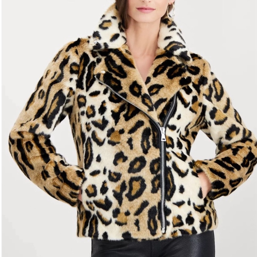 INC International Concept Faux Leopard Ocelot Cheetah Faux Fur Moto Jacket